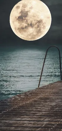 Enjoy a stunning digital rendering with this live wallpaper featuring a serene dock resting in the middle of calm waters, accompanied by a full moon in the background and a peaceful boardwalk leading up to the dock