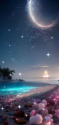 This beach-themed live wallpaper is a work of art, displaying a serene nocturnal setting with a crescent moon and stars in the sky