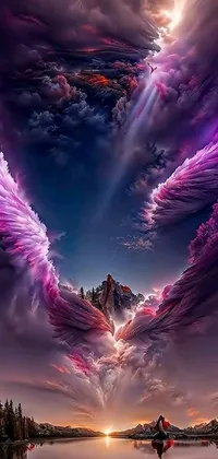 This live phone wallpaper depicts a stunning digital art image of a man standing on top of a serene lake under a cloudy sky; complete with purple leather wings that add a pop of majestic beauty