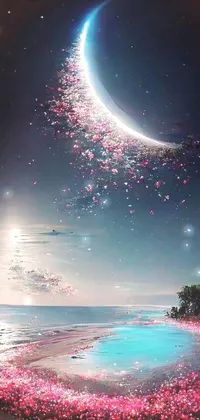 This magnificent live wallpaper for your phone features a charming beach with lovely pink flowers and a crescent moon in the sky that creates a delightful environment