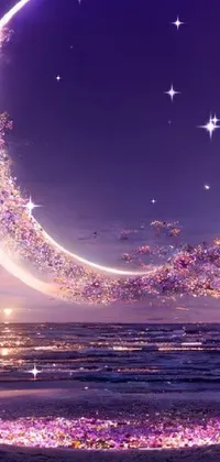 This live wallpaper features a mystical and enchanting scene, with a crescent moon shining over a tranquil body of water at night, creating stunning reflections on the water's surface with sand and glitter