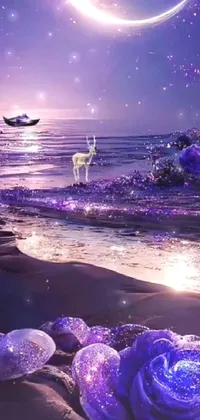 Looking for a phone live wallpaper that captivates with its mesmerizing luminosity? Look no further than this stunning screensaver featuring a magical purple rose, shimmering crystals, and a gorgeous beach setting