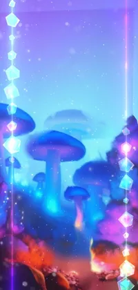 This stunning live wallpaper for your phone features a group of mushroom atop a verdant green pasture, surrounded by glowing, colorful fog