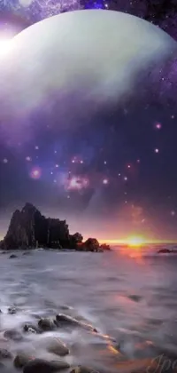 This phone live wallpaper showcases a stunning digital art image of a planet in the sky with a beautiful woman standing on a galactic shore, gazing out at the breathtaking purple sunset