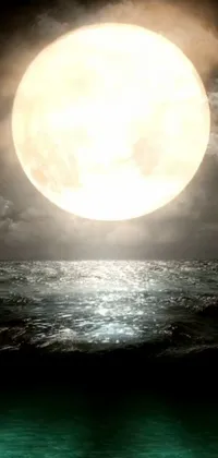 This phone live wallpaper showcases a mesmerizing digital art of a full moon's rise over a serene body of water