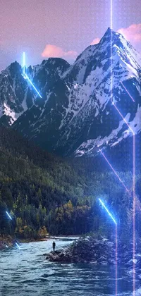 This engaging phone live wallpaper depicts a snow-covered mountain alongside a serene river in beautiful neon wires and blue lightnings