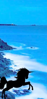 This phone live wallpaper showcases a majestic black horse standing on a cliff overlooking the ocean