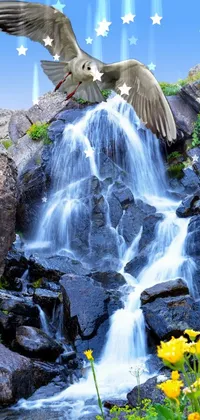 This live phone wallpaper features a stunning waterfall as its focal point, with water cascading gracefully over the rocks