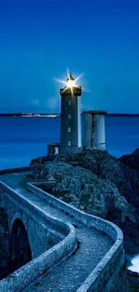 This phone live wallpaper features a breathtaking scene of a lighthouse on a rocky coastline next to the ocean at night