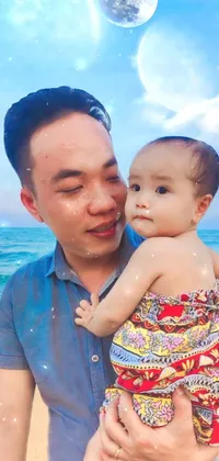 This mesmerizing live wallpaper captures a touching moment of a man with a baby on a sun-kissed beach