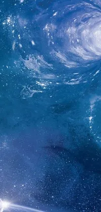 This phone wallpaper depicts a stunning view of the planet Earth from space, featuring space art, a blue whale, water particles, a banner, and dream wave aesthetic