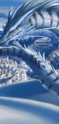 This phone live wallpaper showcases a stunning digital painting of a dragon in the snow, inspired by Mesoamerican mythology
