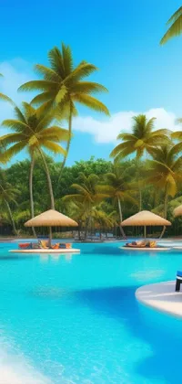 This live wallpaper depicts a luxurious swimming pool surrounded by palm trees, perfect for creating a serene holiday vibe on your phone