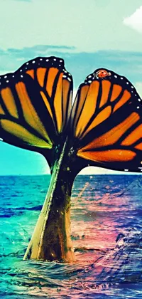This ocean-themed live wallpaper features a stunning butterfly tail stretching upwards from the water's surface