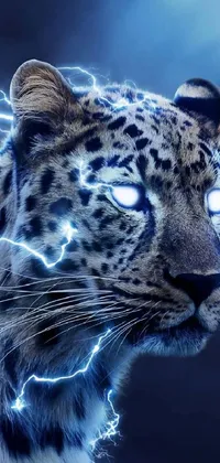 This live phone wallpaper features a close-up of a striking leopard with lightning bolts on its face, set against a futuristic blue LED background