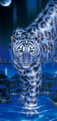 This snow leopard live wallpaper is a gorgeous depiction of a majestic snow leopard standing in water