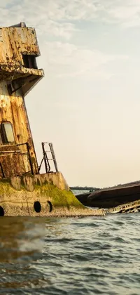This stunning live wallpaper depicts a rusty, abandoned boat sitting atop calm waters during golden hour
