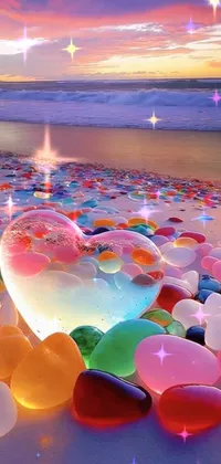 This live wallpaper features colorful balloons atop a stunning beach with crystal accents and a glowing sunset