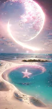 This phone live wallpaper depicts an awe-inspiring night sky scene: a shining moon over a calm turquoise water body, accompanied by twinkling stars and spiral nebulae in shades of pink and white