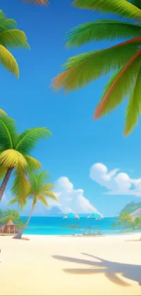 This phone live wallpaper showcases a beautiful beach with palm trees and a clear blue sky