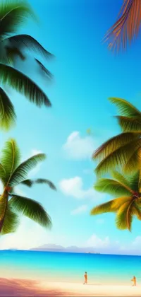 Transform your phone into a tropical paradise with this live wallpaper featuring a sandy beach, palm trees, and hot sunny vibes