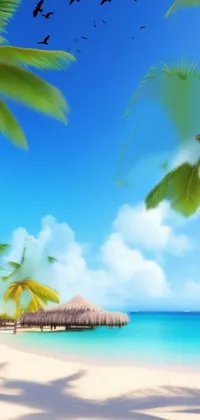 This 4k vertical live wallpaper depicts a serene beach in the Bahamas with palm trees swaying and birds flying in the sky