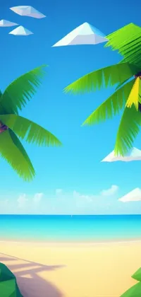 This sunny phone live wallpaper depicts a beautiful, tranquil beach scene, complete with swaying palm trees and sparkling sand