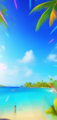 This elegant phone live wallpaper showcases a stunning tropical island beach set against a sunny day background