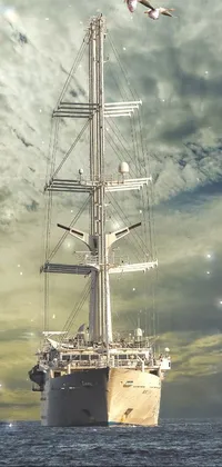 This phone live wallpaper showcases a serene scene of a large boat floating on a body of water