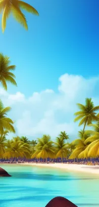 This lively mobile wallpaper showcases a breathtaking tropical beach dotted with palm trees basking in the sunshine
