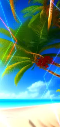 This breathtaking phone live wallpaper features a sunny day at the beach with palm trees gently swaying in the breeze