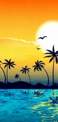 This mobile live wallpaper depicts a peaceful and relaxing setting with a flock of birds flying over a serene water body and a beautiful palm tree against a low sun