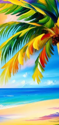This Live Wallpaper features a stunning painting of a palm tree on a tropical beach