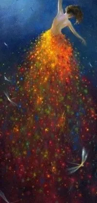This phone live wallpaper is a stunning work of art featuring a colorful woman in a flowing dress, bursting with divine light and magic