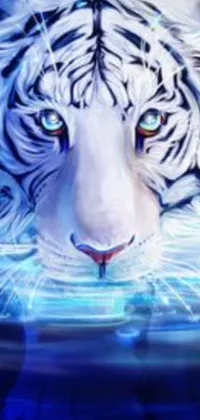 This live wallpaper features a stunning white tiger lying on top of clear, neon-blue water