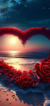 Decorate your phone screen with a romantic live wallpaper featuring a heart made of roses on a beach