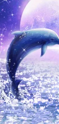 Transform your phone into a captivating underwater world with this dolphin live wallpaper! In front of an enchanting full moon, watch as two dolphins leap out of the ocean - a stunning display of magic realism