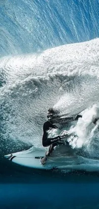 This phone live wallpaper showcases a surfer catching a wave on a colorful surfboard