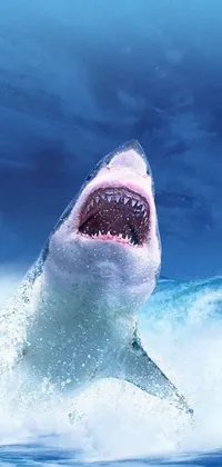 This live phone wallpaper depicts a stunning great white shark jumping out of the water, accompanied by other engaging elements such as portrait pictures, vivid emojis, happening graphics and crypto currency tickers
