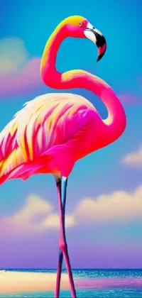 Looking for a stunning phone wallpaper that will take your breath away? Check out this vibrant digital painting of a flamingo standing on a sandy beach next to the ocean