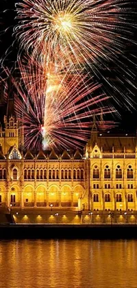 This live wallpaper depicts a grand building in Budapest with a vibrant fireworks display illuminating the sky