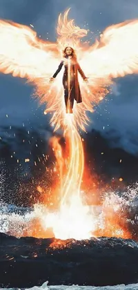 This phone live wallpaper showcases a stunning digital art composition of an angelic figure flying over a serene body of water
