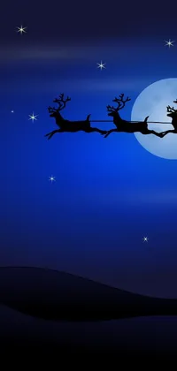 This phone live wallpaper features a magical scene with a reindeer sleigh flying in front of a full moon, decorated with falling stars and snowflakes