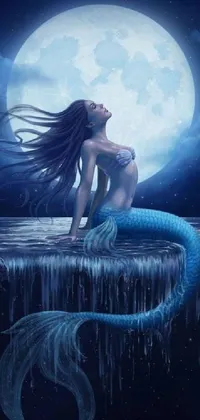This phone live wallpaper depicts a stunning mermaid sitting on top of a rock under a full moon