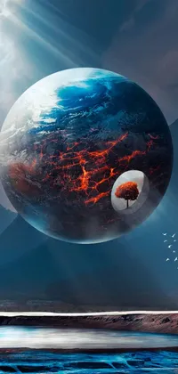 Experience the breathtaking beauty of a surreal planet floating against a stunning sky with this phone live wallpaper