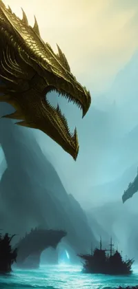 This phone live wallpaper features an awe-inspiring painting of a fierce dragon soaring over a peaceful river