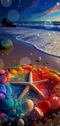 This stunning phone wallpaper showcases a serene beach scene, with a beautiful starfish as its focal point