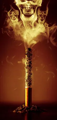 This phone live wallpaper showcases a hyperrealistic cigarette with a skull extending from its tip, set against a background of swirling fire and smoke