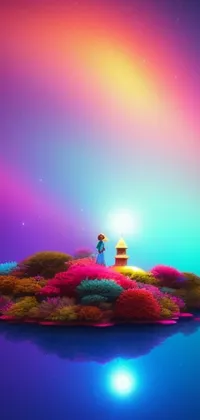 Add some magic to your phone screen with this stunning live wallpaper featuring a lighthouse perched on a small island surrounded by colorful flowers