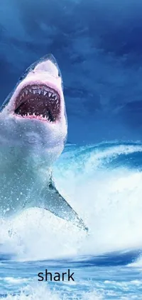 This live wallpaper for phones boasts a fierce shark jumping out of the water, surrounded by striking white water contrast